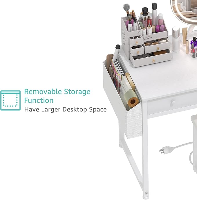 Lufeiya White Makeup Vanity Desk with Mirror and Lights, 40 inch Make Up Vanity Desks with Fabric Drawers & Power Outlet, Dressing Table and Chair Set for Girls Bedroom, White