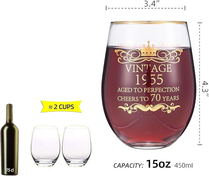 1955 70th Birthday Gifts for Women Men 15oz Wine Tumbler Red Wine Glass Cup 70 Years Old Birthday Present 70th Anniversary Present