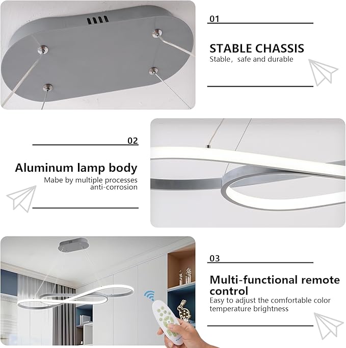 Modern LED Chandelier Dining Room Pendant Light Dimmable Creative Chandelier Remote Control Color/Brightness 3000-6000K Adjustable Hanging Lamp for Bedroom Living Room Kitchen (Silver)