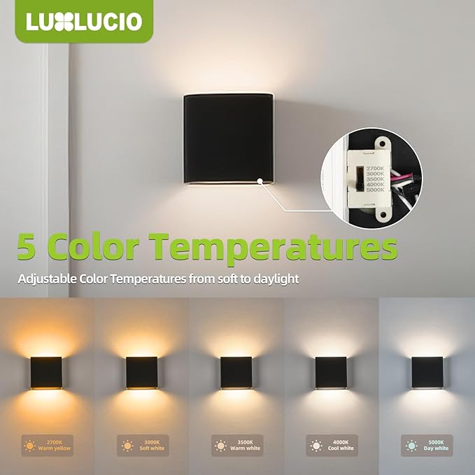 2 Pack Indoor Outdoor Black Up and Down LED Wall Light, Modern Bedroom/Porch Wall Lamp, IP65 Waterproof, 5%-100% Dimmable 18W 1620lm, 5CCT (2700K-5000K), CRI90+, 120-277V