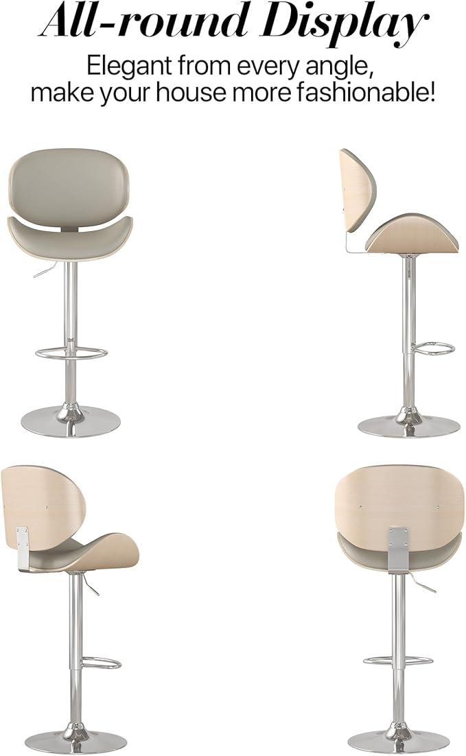 Adjustable Swivel Bar Stools Set of 4, Modern Bentwood Barstool with Large Metal Base and Footrest, PU Leather Upholstered Bar Chair with Curved Back for Kitchen Island Dining Room, Gray