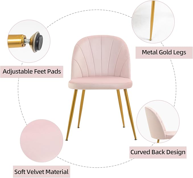 Velvet Dining Chairs Set of 2, Upholstered Mid Century Modern Dining Chairs, Armless Accent Chair with Metal Gold Legs for Living Room, Kitchen, Dining Room, Pink