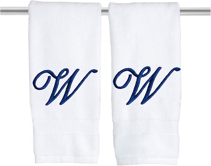 White Monogrammed Hand Towels for Bathroom - Luxury Hotel Quality Personalized Initial Embroidered Towel for Powder Room, Spa - GOTS Organic Certified - Set of 2 Navy Letter W