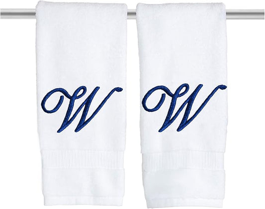 White Monogrammed Hand Towels for Bathroom - Luxury Hotel Quality Personalized Initial Embroidered Towel for Powder Room, Spa - GOTS Organic Certified - Set of 2 Navy Letter W