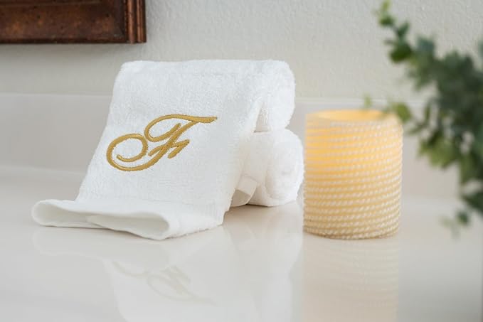 White Monogrammed Hand Towels for Bathroom - Luxury Hotel Quality Personalized Initial Embroidered Towel for Powder Room, Spa - GOTS Organic Certified - Set of 2 Gold Letter F