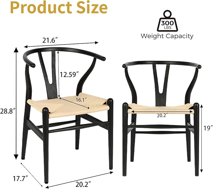 Wishbone Chair Natural Solid Wood Dining Chair/Hans Wegner Y Chair Rattan and Wood Accent Armrest Chairs - Ash Wood Chairs Set of 4 (Ash Wood - Black + Natural Color)