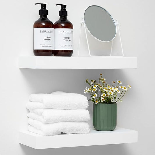 Homeforia White Floating Shelves 16 inch, High End Solid Real Wood 16inch Bathroom Floating Shelf for Wall Mounted, White Wooden 16 Floating Shelves, Heavy Duty Bracket, 16 X 6.5 X 1.75 inch, Set of 2
