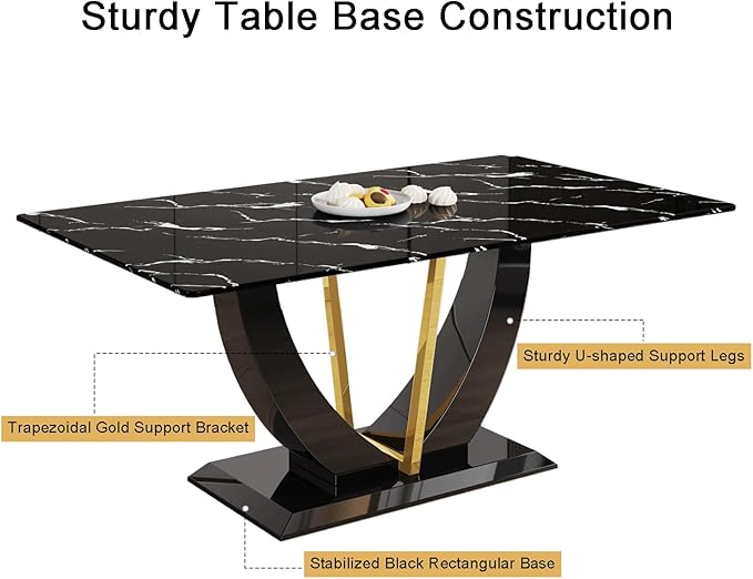 71" Dining Table Set for 6, Black Faux Marble Dining Room Table Set for 6, Large Rectangular Kitchen Table Set and PU Leather Chairs,Glossy Tempered Glass Dinner Table with Black Leg