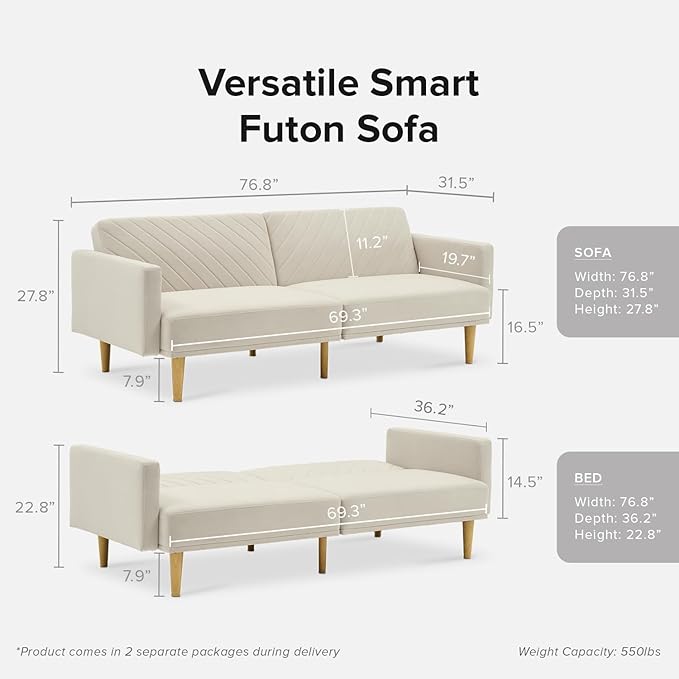 mopio 76.4" Futon Sofa Bed, Couch, Loveseat, Sleeper Sofa, Mid Century Modern Futon Couch, Sofa Cama, Couches for Living Room (Snow Velvet)