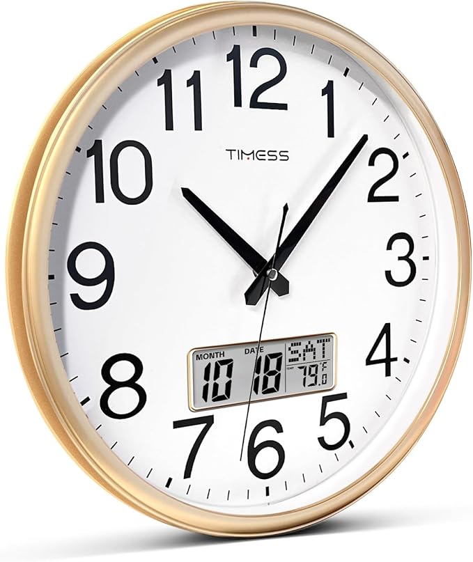 Wall Clock, 11 Inch Non-Ticking Silent Battery Operated Quartz Analog with LCD Display for Perpetual Calendar and F° Temperature, Ideal Modern Home, Bedroom, Kitchen, Office Décor (Gold)