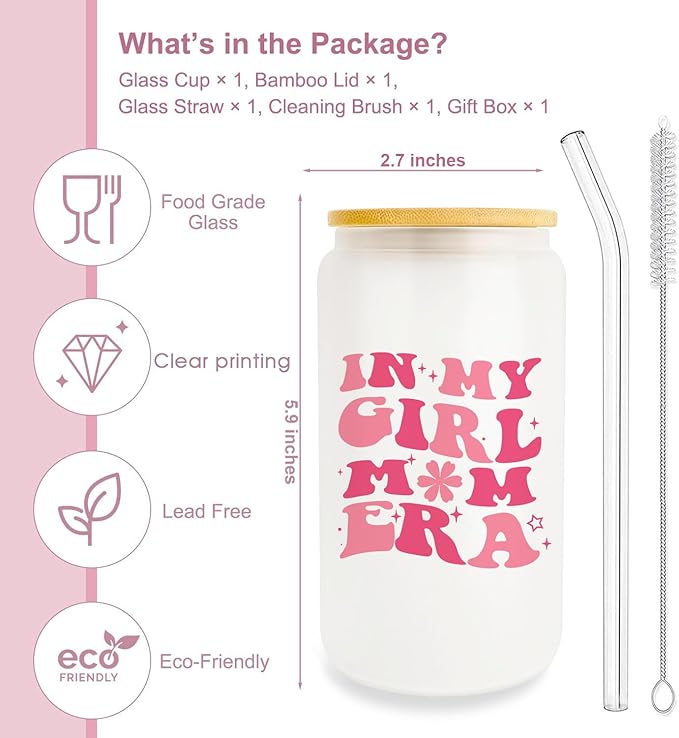 Gifts For Girl Mom, Girl Mom Gifts For Mom, New Mom, Gifts For a Mom of Girls, 16oz Glass Cup with Lid and Straw, Birthday Gifts For Pregnant Mom, Expecting Mom, Mama, Mom To Be