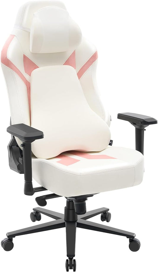Ergonomic Gaming Chair, Computer Desk Chairs, 4D Armrests, High Back Office Chair with Headrest & Lumbar Pillow, Tilt Rocker Recliner, Heavy-Duty Base, White PU Leather & Pink Suede Comb