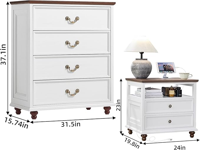 24" Wide Farmhouse Nightstand with Charging Station Set of 2, 37" Tall Rustic Chests of Drawers w/ 4 Solid Wood Feet, Farmhouse Furniture Series for Living Room,Bedroom,White