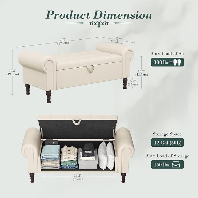 Apicizon 51” Bench with Storage, Faux Leather Ottoman Bench with Rolled Arm & Vintage Rivets, End of Bed Bench for Bedroom, Living Room, Entryway, Beige+Brown Legs