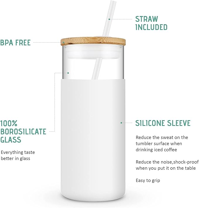 Tronco 20 oz Glass Tumbler with Lid and Straw, Iced Coffee Cup and Smoothie Cup with Bamboo Lids & Protective Silicone Sleeve, Dishwasher Safe, BPA-Free, Glass Cup 2 Pack