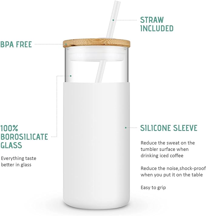 Tronco 20 oz Glass Tumbler with Lid and Straw, Iced Coffee Cup and Smoothie Cup with Bamboo Lids & Protective Silicone Sleeve, Dishwasher Safe, BPA-Free, Glass Cup 2 Pack