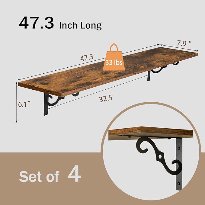 DINZI LVJ Long Wall Shelves, 47.3" Large Floating Shelves Set of 4, Farmhouse Display Shelf Wall Mounted with Heavy Duty Brackets, Easy Assembly for Kitchen, Bathroom, Bedroom, Balcony, Rustic Brown