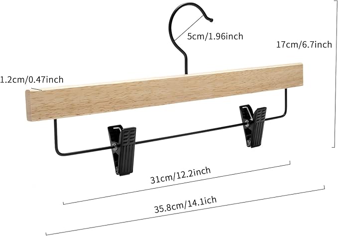 Nature Smile Deluxe Wooden Pants Hangers,Solid Rubber Wood Jeans Skirt Hanger with Black Adjustable Clips and Rotatable Hook Pack of 10(Natural Varnished)