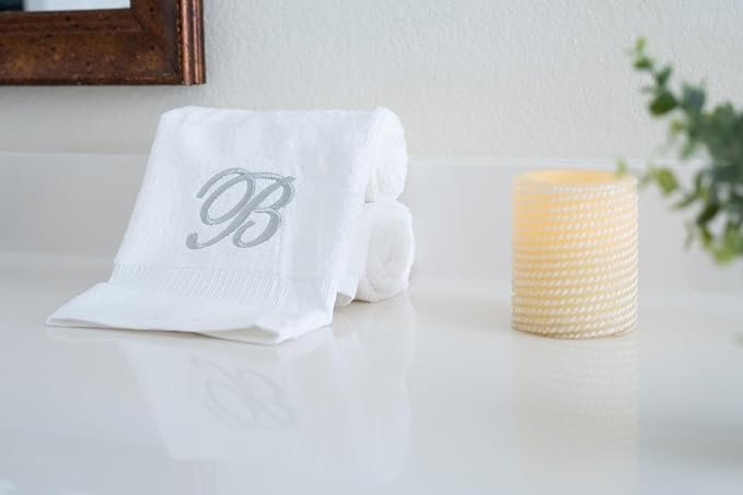 White Monogrammed Hand Towels for Bathroom - Luxury Hotel Quality Personalized Initial Embroidered Towel for Powder Room, Spa - GOTS Organic Certified - Pack of 2 Silver, Letter B