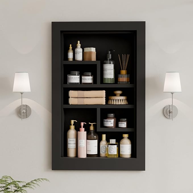 Solid Wood 14 X 24 Recessed Medicine Cabinet,3-Tier, Medicine Cabinet Organizer,Wall Niche, Bathroom Wall Cabinet, Recessed Bathroom Cabinet, Bathroom Cabinet with Storage Black