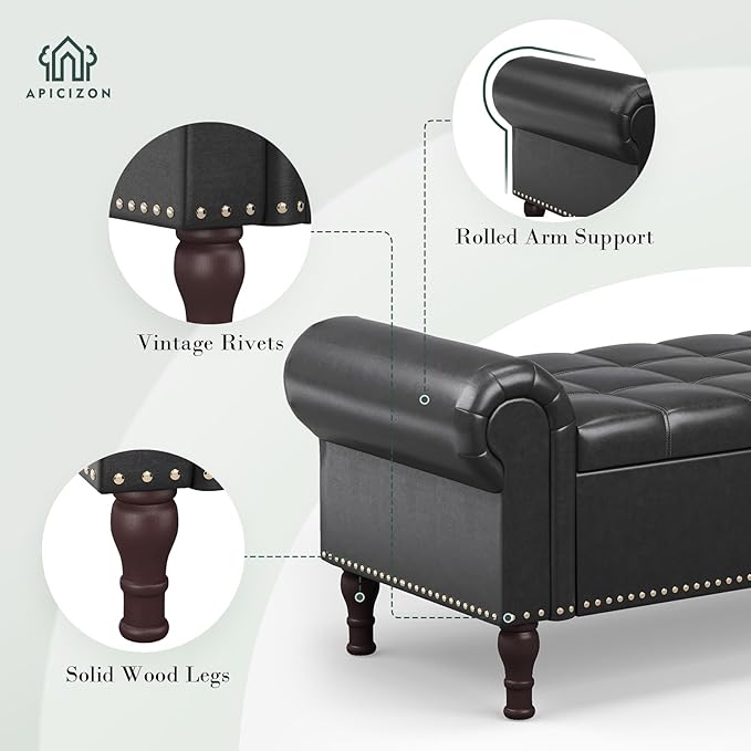 Apicizon 60” Bench with Storage, Queen Size Faux Leather End of Bed Bench with Tufted Button, Ottoman Bench with Rolled Arms & Vintage Rivets for Foot of Bed, Living Room, Entrance, Black