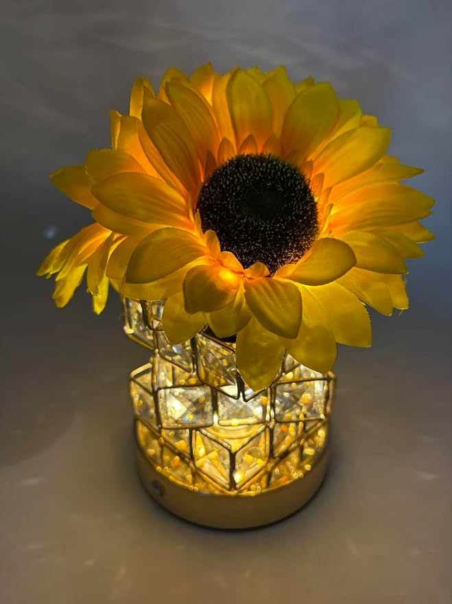 Crystal Cube LED Night Light with Sunflower Vase, USB Rechargeable Table Lamp, 3 Color Modes, Touch Control, Decorative Accent Light for Bedroom, Home (Rubik's Cube Crystal (Sunflower))