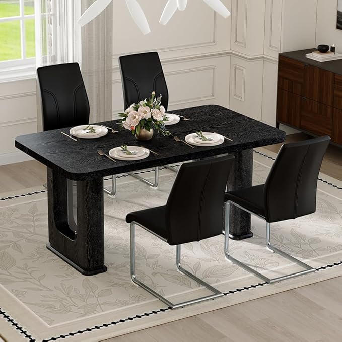 64.5" Black Dining Table Set for 4, Modern Kitchen Table and Chairs Set with PU Leather Cushioned Chairs & Decorative Pedestal Base, 5 Piece Wood Grain Dining Table Set for Dining Room or Kitchen