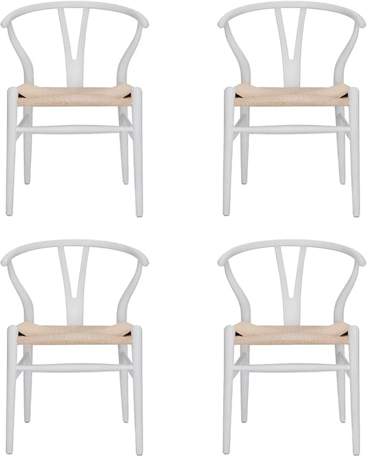 Tomile Wishbone Chair Y Chair, Wooden Dining Chairs Set of 4, Mid Century Modern Chairs with Arms, Solid Wood Weave Seat Kitchen & Dining Room Chairs (Ash Wood - White)