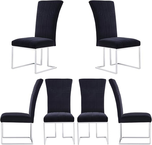 AUZ Dining Chairs Set of 6, Black and Silver Dining Chair with Velvet Upholstery and Mirrored Silver Sled Legs