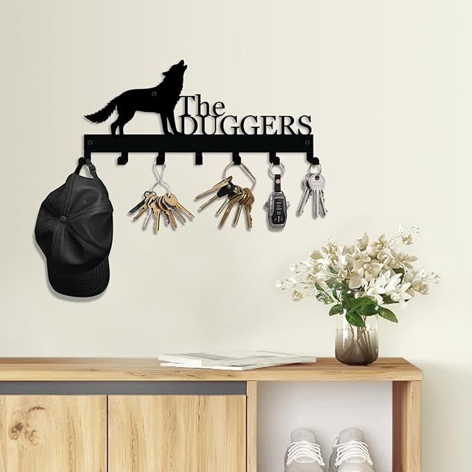Personalized Key Holder with Name, Custom Metal Wolf Silhouette Key Rack Hanger, Wall Organizer with 7 Hooks for Entryway, Front Door, Hallway, Kitchen, Farmhouse Decor