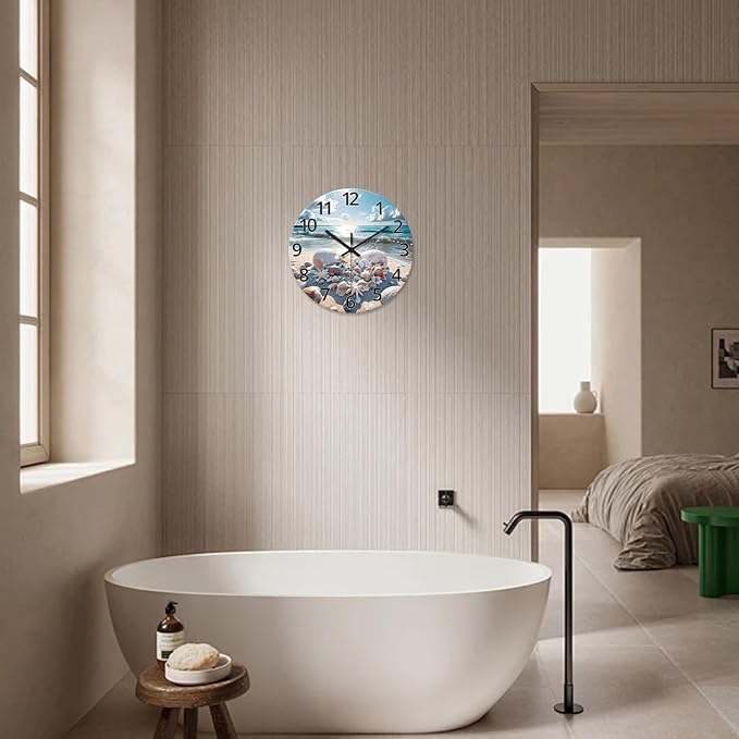 XNM Analog Blue Beach Wall Clocks for Living Room Coastal Sea Shell Wall Clocks Battery Operated 12 Inch Modern Round Glass Wall Clock Non Ticking