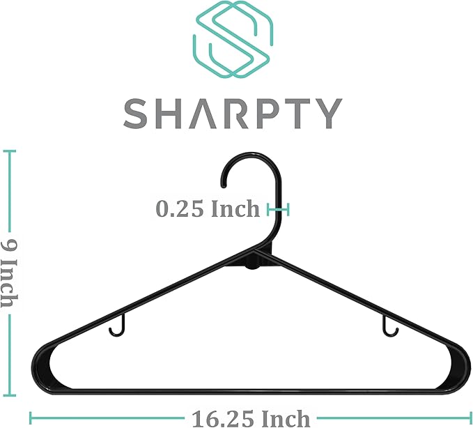 Sharpty Plastic Hangers Clothes Hangers for Clothing, Closet, Coats & Shirts - Durable, Thick, Tough & Space Saving - for Everyday Standard Use, Room Essentials & Basics - 20 Pack - Black