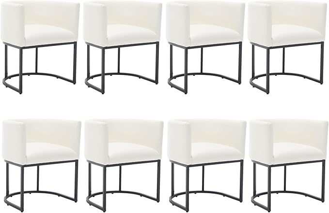 Faux Leather Dining Chairs Set of 8 Modern Barrel Arm Chairs with Black Metal Frame, Upholstered Kitchen Chairs 18.5" Wide Accent Chairs for Living Room Dining Room Restaurant, White