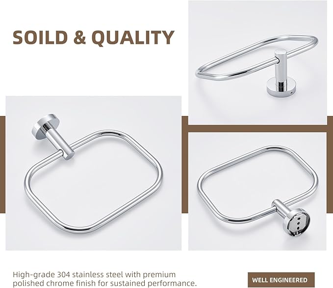 Angle Simple Swivel Towel Ring Chrome, Stainless Steel Hand Towel Rack for Bathroom Wall, Square Holder for Washcloth