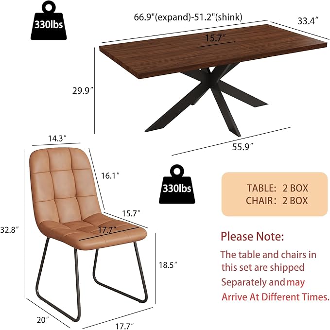 5-Piece Dining Table Set with 51"-67" Extendable Walnut Wood Table and 4 Brown PU Leather Chairs, Modern Rectangular Kitchen Table Set with Metal Legs, Space Saving Dining Room Furniture for 4