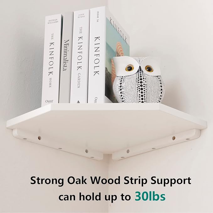 Corner Floating Shelves, White Corner Wall Shelf Set of 2, Solid Oak Wood Floating Shelves Wall Mount Shelf with Wire Hole Small Plant Display for Kitchen Living Room Bedroom