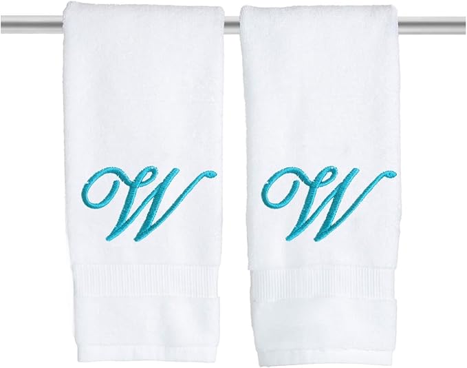 White Monogrammed Hand Towels for Bathroom - Luxury Hotel Quality Personalized Initial Embroidered Towel for Powder Room, Spa - GOTS Organic Certified - Set of 2 Teal Letter W