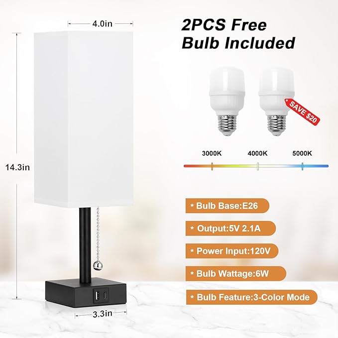 Bedside Table Lamps Set of 2 - Small White Bedroom Lamps with 3 Color Temperatures (3000K/5000K/4000K), Square Nightstand Lamp with USB C + A Charging Ports, Pull Chain Night Light