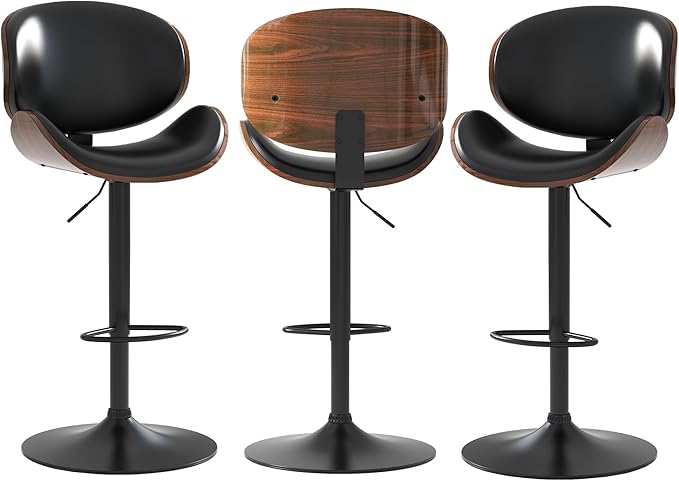 Adjustable Swivel Bar Stools Set of 3, Modern Bentwood Barstool with Large Metal Base and Footrest, PU Leather Upholstered Bar Chair with Curved Back for Kitchen Island Dining Room, Black