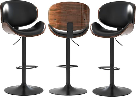 Adjustable Swivel Bar Stools Set of 3, Modern Bentwood Barstool with Large Metal Base and Footrest, PU Leather Upholstered Bar Chair with Curved Back for Kitchen Island Dining Room, Black