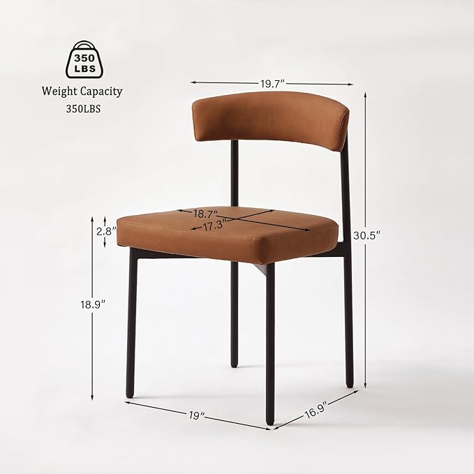 Brown Faux Leather Dining Chairs Set of 2, Armless Upholstered Kitchen Chair,Modern Dining Room Chair with Curved Backrest