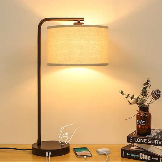 Tall Table Lamp with USB C+A Ports, Fully Stepless Dimmable Modern Minimalist Bedside Nightstand Lamp, Reading Desk Lamp for Bedroom, Living Room, Study Room, Office, 9W 3000K LED Bulb Included