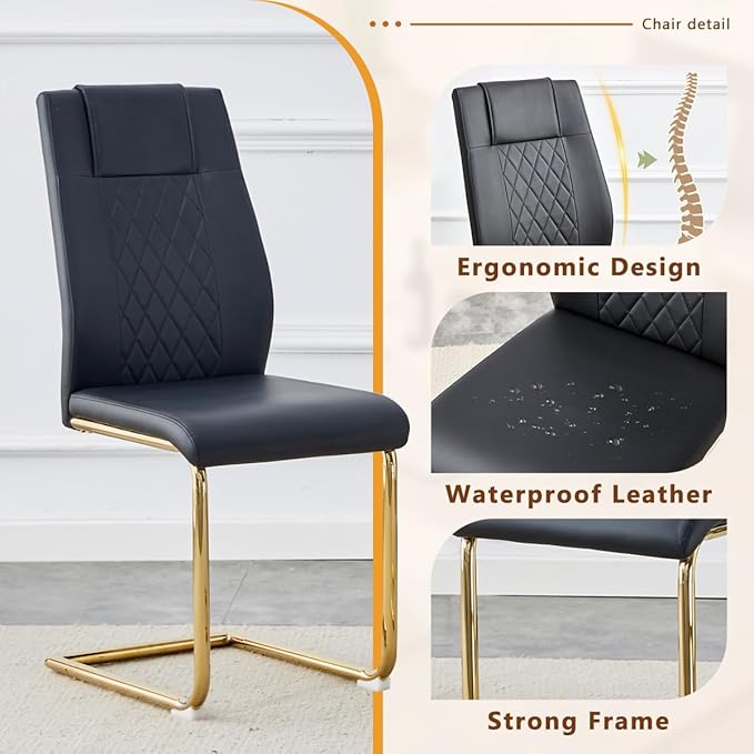 63'' Glass Dining Table Set for 6, Kitchen Table Chairs Set of 6, Clear Glass Dining Table with Black unique design Leg and Gold Metal Base, 6 PU Dining Chairs with Metal Legs, Living Room, Kitchen.