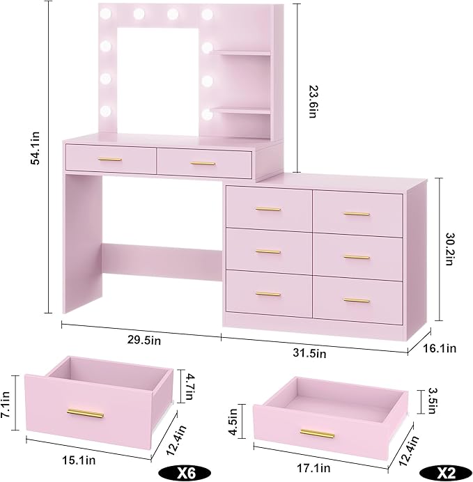 61" Vanity Desk with Mirror & Lights, White Makeup Dressing Table with 8 Drawers & 2 Shelves, 3 Lighting Modes with Adjustable Brightness for Bedroom, Pink
