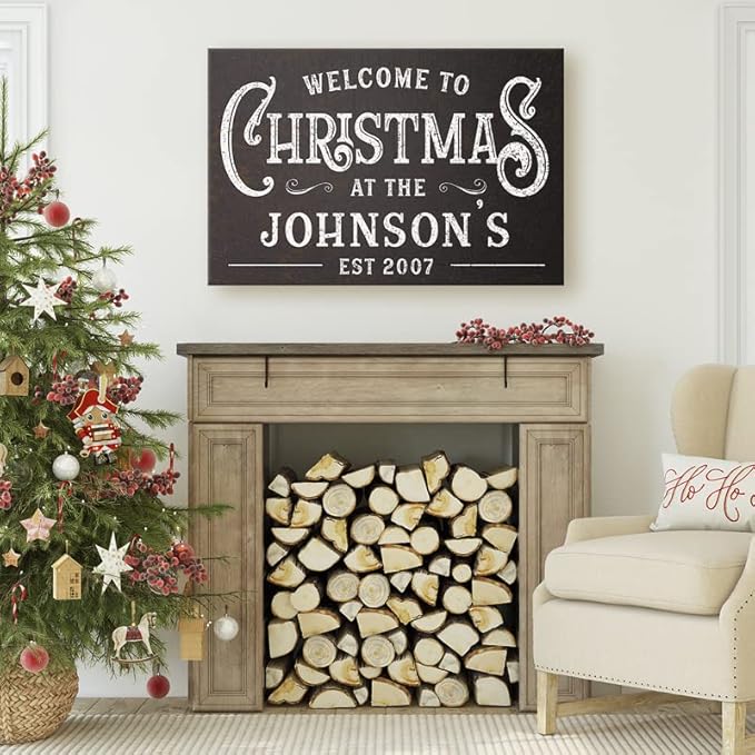 Milweb1 Personalized Family Name Welcome To Christmas/Rustic Vintage Farmhouse Holiday Decor Canvas Sign Holiday Decorations Wall Decor Print (12"x18")