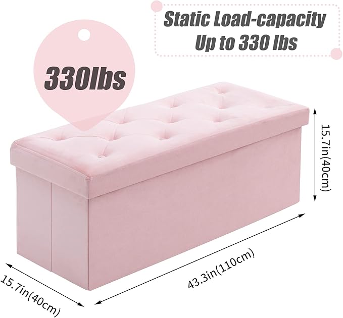 BRIAN & DANY 43 Inches Ottoman with Storage, Velvet Storage Ottoman Bench, End of Bed Benches, Folding Ottomans for Bedroom, Living Room and Entryway (Pink)