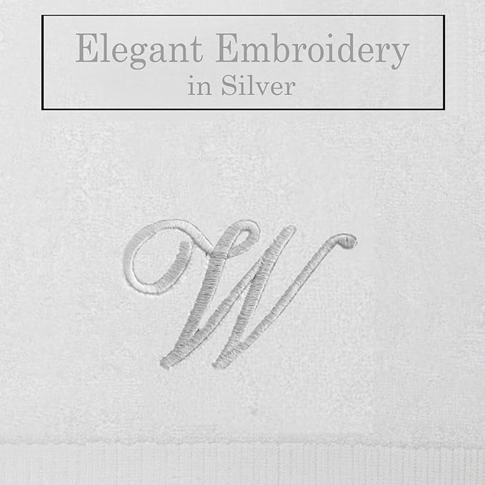 White Monogrammed Hand Towels for Bathroom - Luxury Hotel Quality Personalized Initial Embroidered Towel for Powder Room, Spa - GOTS Organic Certified - Set of 2 Silver Letter W