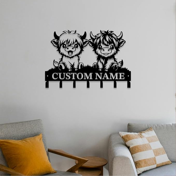 Personalized Highland Cow Metal Keys Hooks,Custom Name Metal Highland Cow Keys Hooks,Black Metal Highland Cow Wall Home Storage Decorative Keys Hooks,Key Holder Hooks for Wall (Style B)