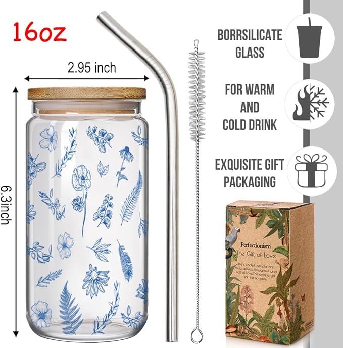 Blue Floral Iced Glass Cups with Bamboo Lids and Straws 16oz Wildflower Coffee Cup Gift for Women Cute Flower Drinking Glass with Cleaning Brushes, Blue Flower Gifts for Birthday Bridesmaid Party
