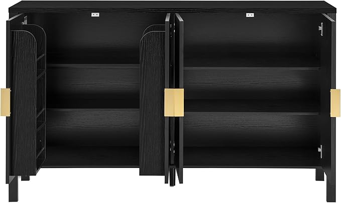 57.5'' Modern Console Table Sofa Table with Storage Racks & Side Hooks, Accent Stripe 4-Door Buffet Sideboard Serving Storage Cabinet with Adjustable Shelves for Living Room Kitchen (Black-NEW)